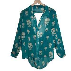 Honey Punch Large Skull Long Sleeve Teal Green Y2K Aria Top Office Halloween